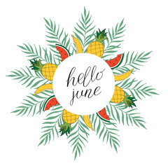 Obraz premium Vector frame with tropical leaves and lettering - Sun, please. Cartoon style. Colorful illustration with place for your text. Summer banner. tropical frame with leaves on white background.