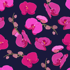 Pink purple orchid floral seamless pattern. Flowers bloom blossom foliage on dark blue background.