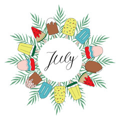 Vector frame with tropical leaves and lettering - Sun, please. Cartoon style. Colorful illustration with place for your text. Summer banner. tropical frame with leaves on white background.