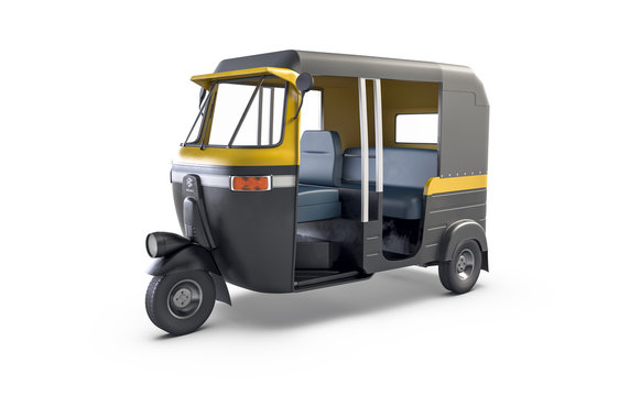 Autorickshaw isolated on white background. Traditional Indian public transport.