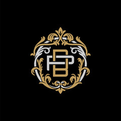Initial letter P and B, PB, BP, decorative ornament emblem badge, overlapping monogram logo, elegant luxury silver gold color on black background
