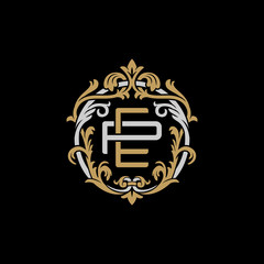 Initial letter P and E, PE, EP, decorative ornament emblem badge, overlapping monogram logo, elegant luxury silver gold color on black background