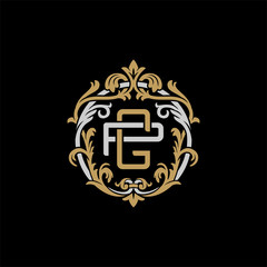 Initial letter P and G, PG, GP, decorative ornament emblem badge, overlapping monogram logo, elegant luxury silver gold color on black background