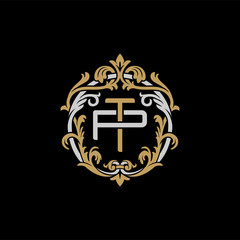 Initial letter P and T, PT, TP, decorative ornament emblem badge, overlapping monogram logo, elegant luxury silver gold color on black background