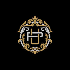 Initial letter P and U, PU, UP, decorative ornament emblem badge, overlapping monogram logo, elegant luxury silver gold color on black background