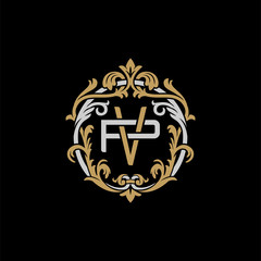Initial letter P and V, PV, VP, decorative ornament emblem badge, overlapping monogram logo, elegant luxury silver gold color on black background