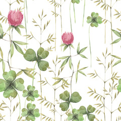 Hand painted watercolor illustration. Seamless pattern with different herb. 