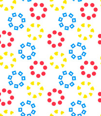 Seamless geometric ornament pattern of flowers made from petals of different shapes of a square, heart and circle on a white background repeating.