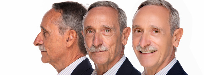 Fototapeta premium Three face Comparison. Mature hispanic latino handsome businessman sad problem to happy smiling face on clean skin aging and youth. Before and after concept. Process of aging and rejuvenation