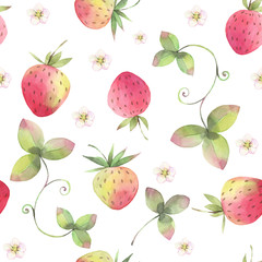 Hand painted watercolor illustration. Seamless pattern with berry of strawberry  and floral elements. 