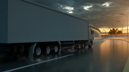 Truck speeding on the highway, side view. Transportation, shipping industry concept. 3D illustration