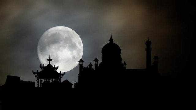 Omar Ali Saifuddin Mosque with the Ceremonial Barge by Night with Full Moon, in Bandar Seri Begawan City, the capital of Brunei
