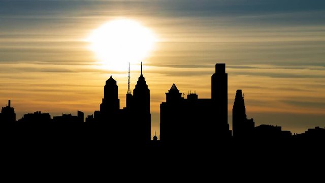 Philadelphia Downtown City Skyline at Sunset with Skyscrapers in Siluette, Pennsylvania, USA