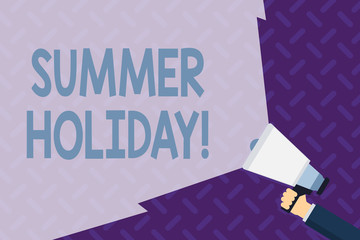 Text sign showing Summer Holiday. Business photo showcasing Vacation during the summer season School holiday or break Hand Holding Megaphone with Blank Wide Beam for Extending the Volume Range