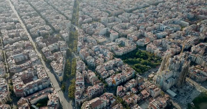 Aerial view of cityscape of Barcelona, Eixample district and Sagrada Familia