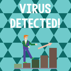 Word writing text Virus Detected. Business photo showcasing Identified a malware that possible can harm the computer Smiling Businessman Climbing Colorful Bar Chart Following an Arrow Going Up