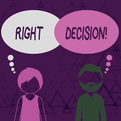Writing note showing Right Decision. Business concept for making good choice after considering a lot of possibilities Bearded Man and Woman with the Blank Colorful Thought Bubble