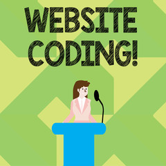 Writing note showing Website Coding. Business concept for system of symbols and rules used to represent instructions Businesswoman Behind Podium Rostrum Speaking on Microphone