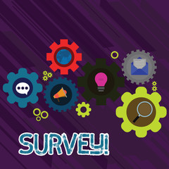 Text sign showing Survey. Business photo text research method used for collecting data from a predefined group Set of Global Online Social Networking Icons Inside Colorful Cog Wheel Gear