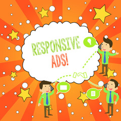 Writing note showing Responsive Ads. Business concept for Automatically adjust form and format to fit existing ad space
