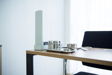 Doctor desk with equipment medical in room at hospital,Close up