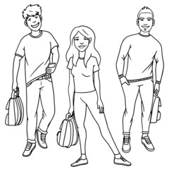 Vector drawing of two boys and a girl with satchels in hand, standing casually. black white, cartoon, illustration, isolated.