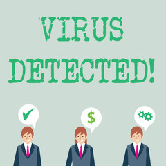 Word writing text Virus Detected. Business photo showcasing Identified a malware that possible can harm the computer Businessmen Each has their Own Speech Bubble with Optimization Cost Icons