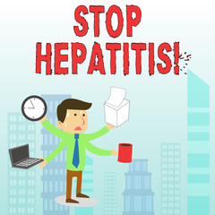 Conceptual hand writing showing Stop Hepatitis. Concept meaning Treatment or prevention of the inflammation of the liver
