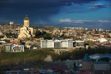 Cathedral of the Holy Trinity, Georgia Tbilisi. Cityscape in the last rays of the sun at sunset