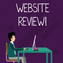 Conceptual hand writing showing Website Review. Concept meaning the customer ratings and assessments of businesses or service Businessman Sitting on Chair Working on Computer and Books