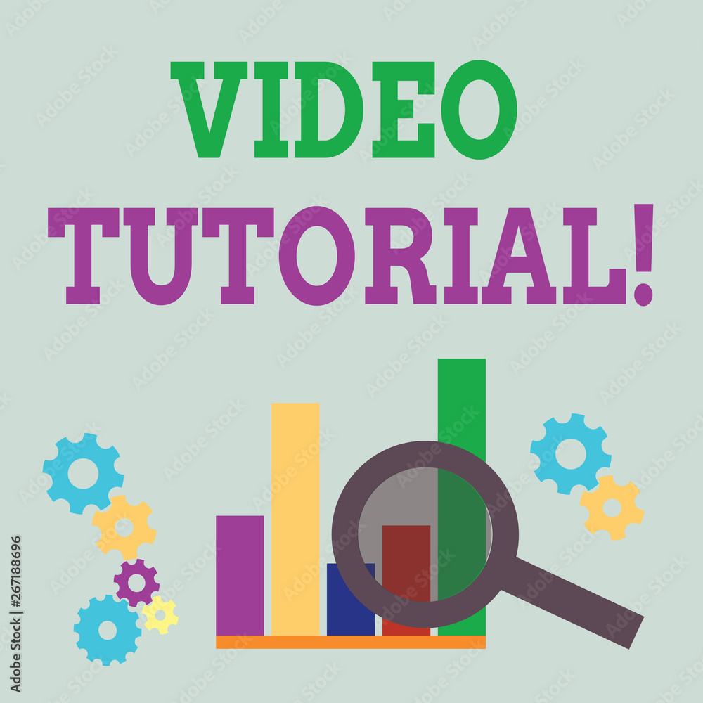 Poster Word writing text Video Tutorial. Business photo showcasing method of transferring knowledge through audiovisual clips Magnifying Glass Over Bar Column Chart beside Cog Wheel Gears for Analysis