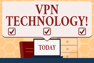 Text sign showing Vpn Technology. Business photo text programming that creates a safe and encrypted connection Blank Huge Speech Bubble Pointing to White Laptop Screen in Workspace Idea