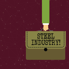 Handwriting text writing Steel Industry. Conceptual photo The industrial sector that produces and trades in steel Businessman Hand Carrying Colorful Briefcase Portfolio with Stitch Applique