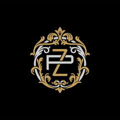 Initial letter P and Z, PZ, ZP, decorative ornament emblem badge, overlapping monogram logo, elegant luxury silver gold color on black background