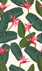 Seamless pattern banana leaf with pink bird of paradise