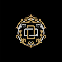 Initial letter Q and D, QD, DQ, decorative ornament emblem badge, overlapping monogram logo, elegant luxury silver gold color on black background
