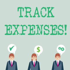 Word writing text Track Expenses. Business photo showcasing keep a close eye on how things are tracking to budget Businessmen Each has their Own Speech Bubble with Optimization Cost Icons