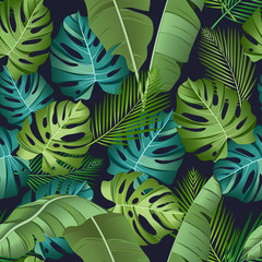 Seamless pattern with tropical leaves: palms, monstera, banana leaves, jungle leaf seamless vector pattern dark background. Swimwear botanical design. Vector. - Vector