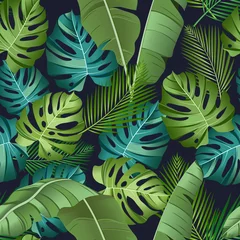 Nahtloses Muster mit tropischen Blättern: Palmen, Monstera, Bananenblätter, dunkler Hintergrund des nahtlosen Vektormusters des Dschungelblattes. Bademode botanisches Design. Vektor. - Vektor © JANNTA