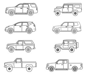 Off-road 4x4 suv cars set. Side view offroad car in different colors. Flat style suv. Vector illustration.