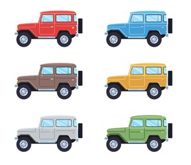 Off-road 4x4 suv cars set. Side view offroad car in different colors. Flat style suv. Vector illustration.