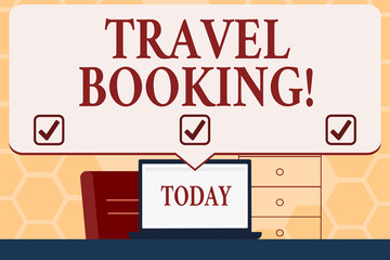 Text sign showing Travel Booking. Business photo text arrangement that you make when you book something for travel Blank Huge Speech Bubble Pointing to White Laptop Screen in Workspace Idea