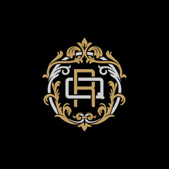 Initial letter Q and R, QR, RQ, decorative ornament emblem badge, overlapping monogram logo, elegant luxury silver gold color on black background
