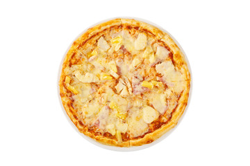 Pizza Hawaiian, with ham, meat and pineapple, whole round, cut into pieces, on a white isolated background, view from above