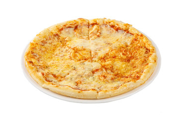 Pizza four cheeses whole round, cut into pieces, on a white isolated background, side view. Fast food in a pizzeria, a floury cheese product