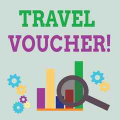 Word writing text Travel Voucher. Business photo showcasing Tradable transaction type worth a certain monetary value Magnifying Glass Over Bar Column Chart beside Cog Wheel Gears for Analysis