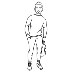 vector drawing of a schoolboy holding a school backpack in hand and standing there cool. black white, isolated, school, fashion.