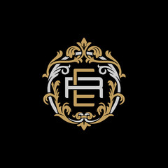 Initial letter R and E, RE, ER, decorative ornament emblem badge, overlapping monogram logo, elegant luxury silver gold color on black background