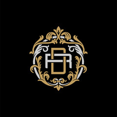 Initial letter R and D, RD, DR, decorative ornament emblem badge, overlapping monogram logo, elegant luxury silver gold color on black background