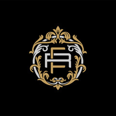Initial letter R and F, RF, FR, decorative ornament emblem badge, overlapping monogram logo, elegant luxury silver gold color on black background